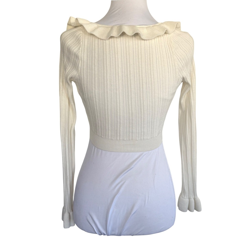 For Love & Lemons‎ Cream Pointelle Ruffle Cropped Cardigan Sweater XXS Ivory - Picture 5 of 12